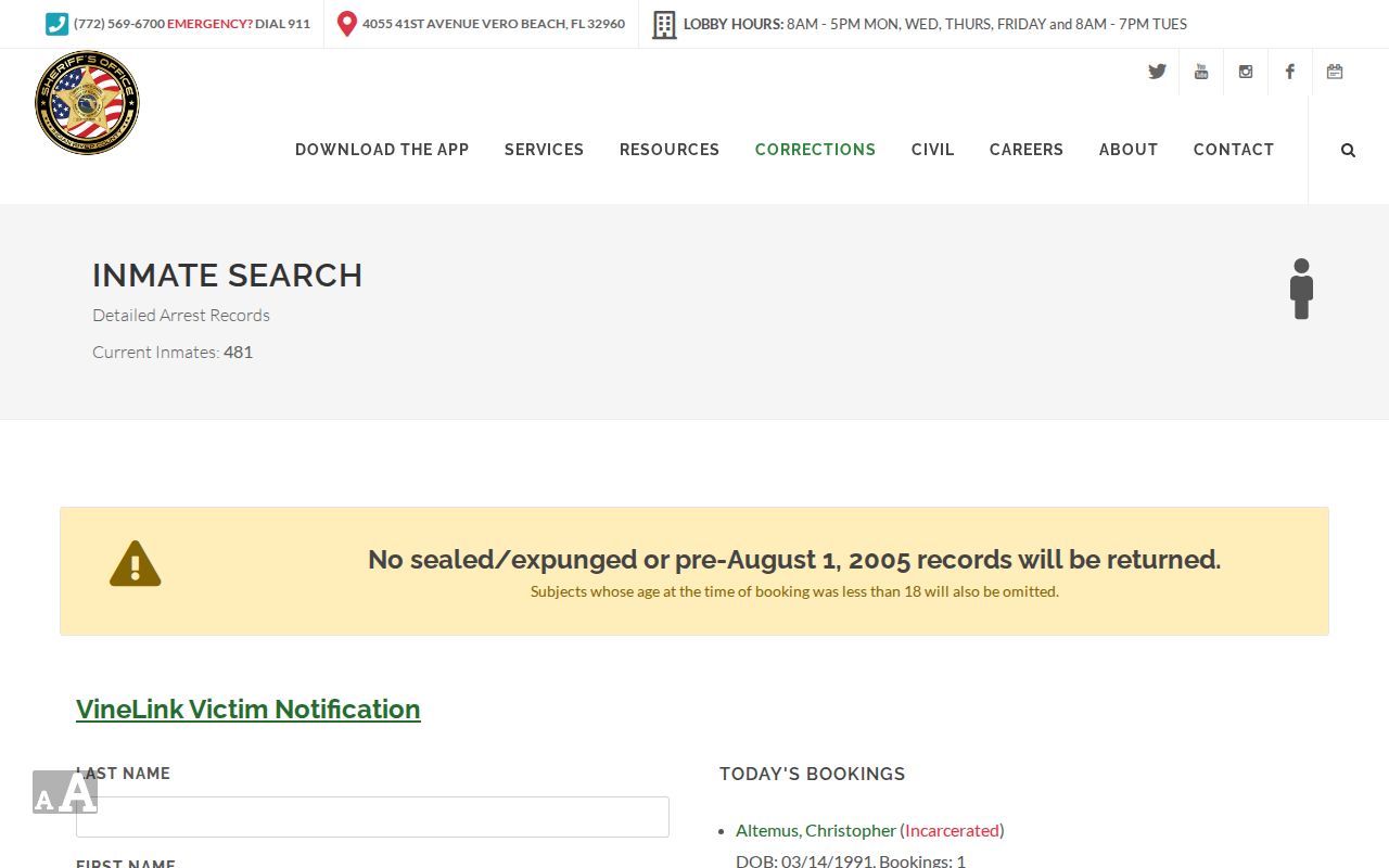 Indian River County arrest record inmate search fields