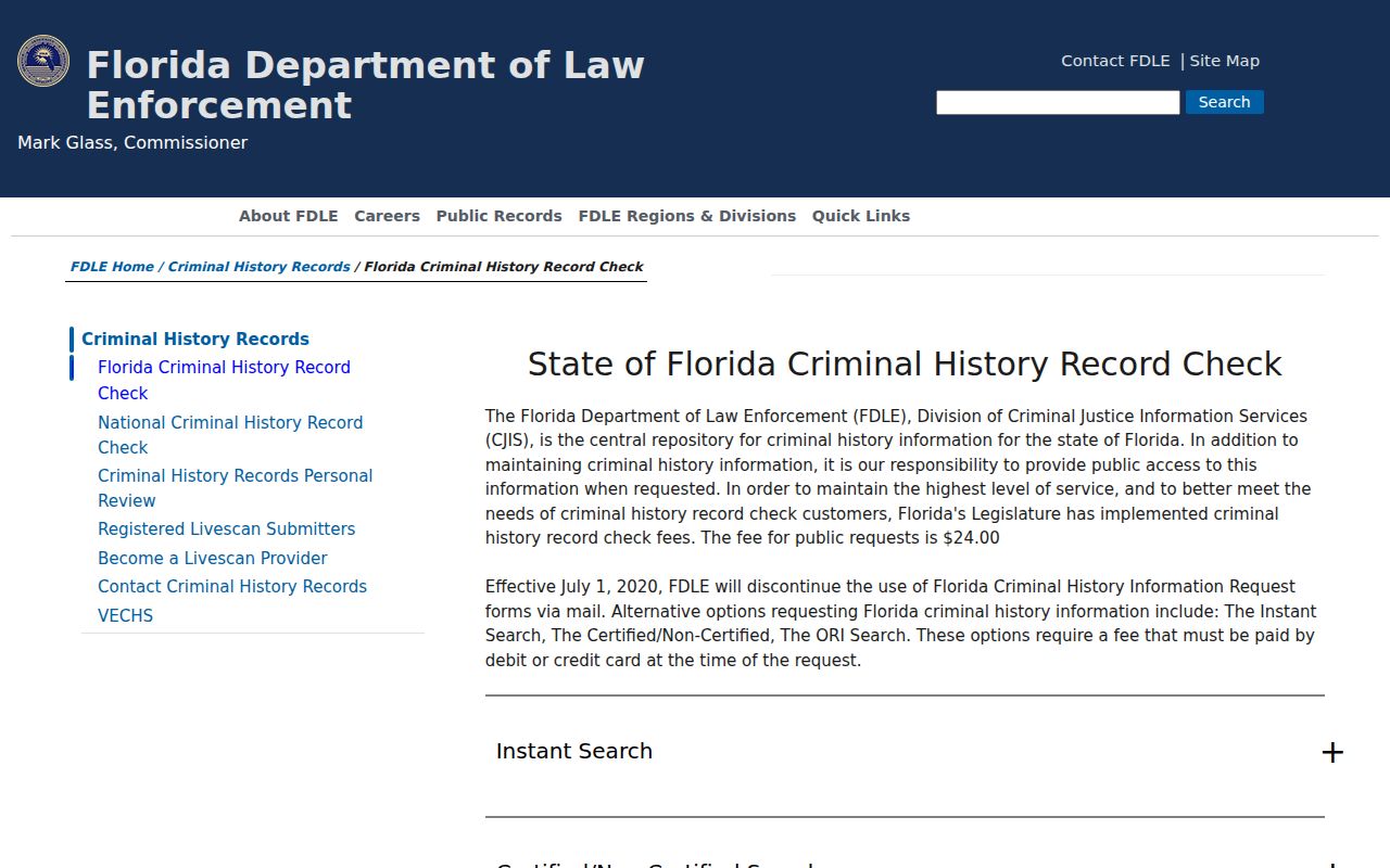 Indian River County criminal history options from FDLE