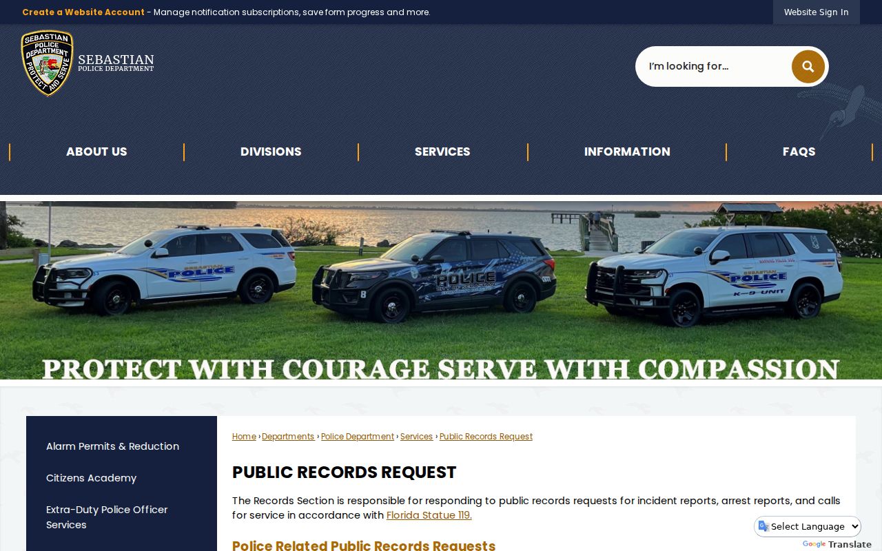 Sebastian Police Department public records request webpage