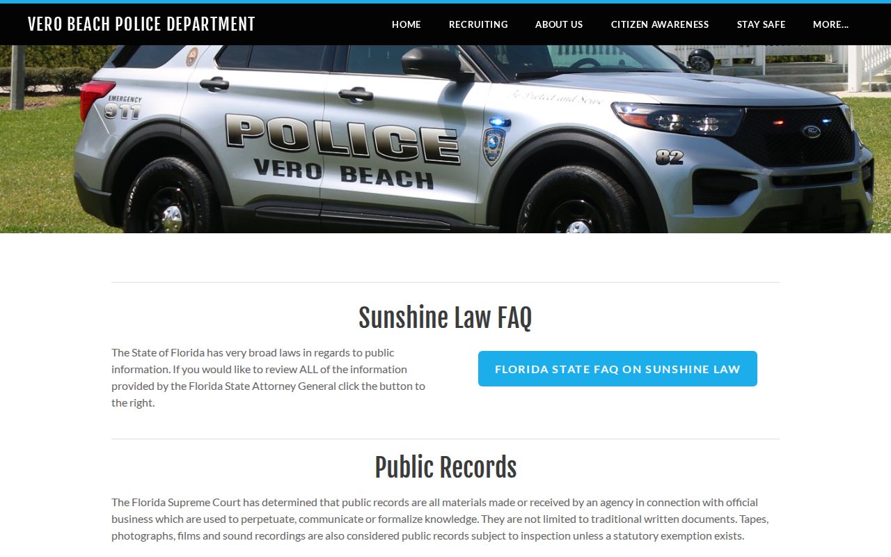 Vero Beach Police Department public records request page